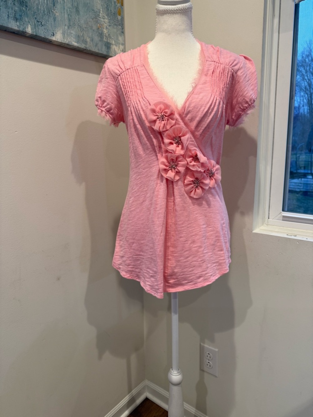 INC International Concepts Pink Floral-Appliqué V-Neck romantic boho Barbie Top